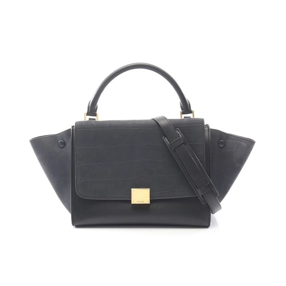 Celine Trapeze Medium Bag Black Croc Embossed Navy Suede Authentic Quiet Luxury